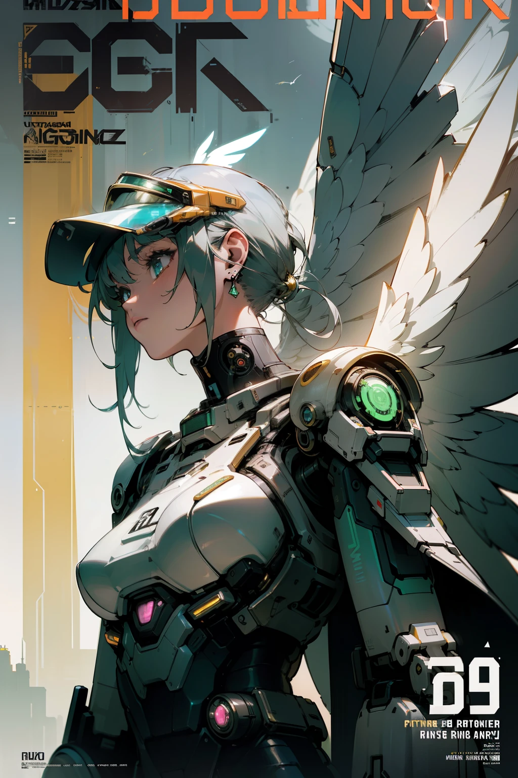 masterpiece, (best quality), (ultra-detailed), (ultra-realistic:1.2), landscape, sci-fi, transistorpunk, cyberpunk, biopunk, (magazine cover:1.4), (gray, white), female huge robot, visor, earring, mechanical angel wings on the back, angel wings, future town, dynamic pose, dynamic angle, small breasts, luxury, (gold, silver, green), neon