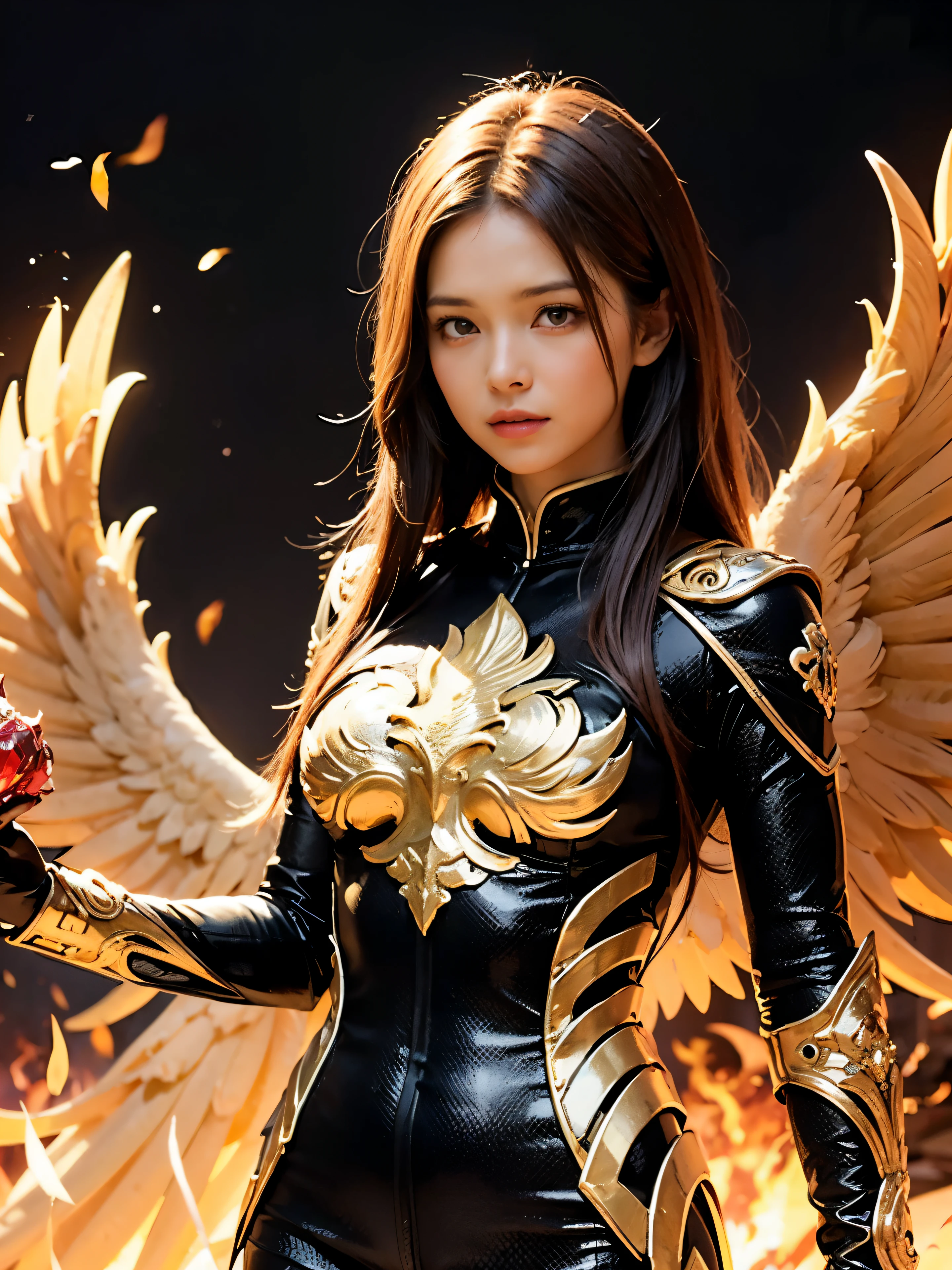 High-quality images,(masutepiece:1.4), (very intricate:1.2)>,  (Upper body:1.3), 1girl in,Whewic Keeper, Fireproof suit with golden phoenix emblem, Fire cage with obsidian bar, Phoenix nest with shimmering golden feathers, Talon Grove to deal with the phoenix, Burning rubies to feed phoenixes,