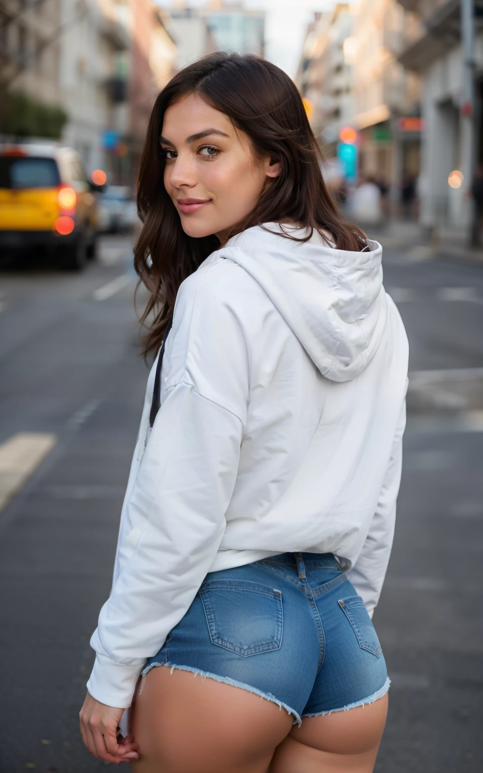 cute beautiful brunette, wearing casual shirt with a full body length  hoodie and denim shorts, white hoodie, big ass, view from back - SeaArt AI