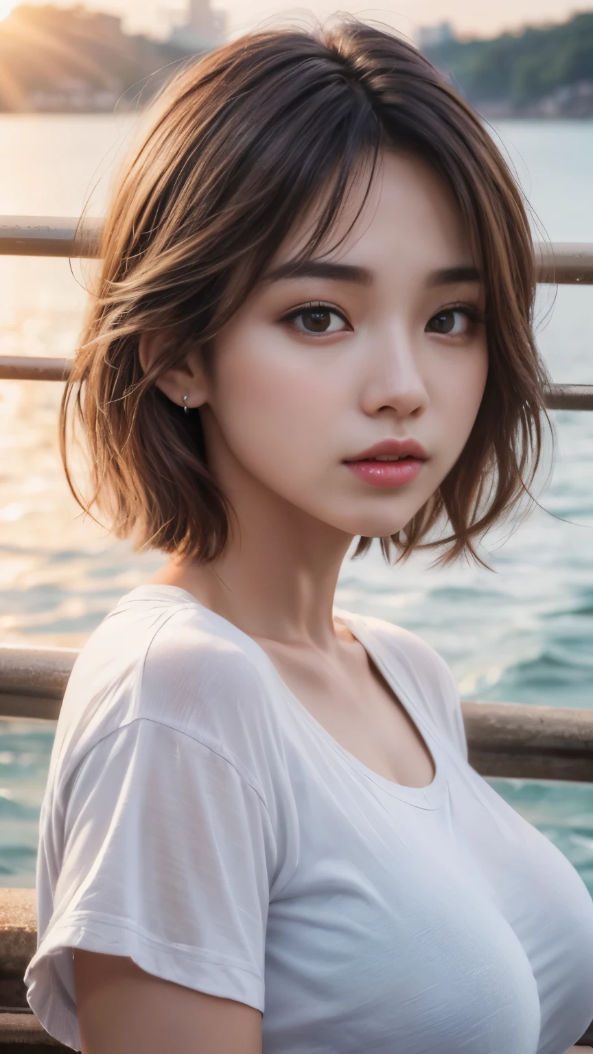 8k, masterpiece, RAW photo, best quality, photorealistic, extremely detailed CG unity 8k wallpaper, Depth of field, Cinematic Light, Lens Flare, Ray tracing, (extremely beautiful face, beautiful lips, beautiful eyes), intricate detail face, ((ultra detailed skin)), full body portrait, 1girl, 20 year old Korean girl, medium-short hair, two-toned brown hair, kpop style, large breast, double eyelids, white t-shirt, denim shorts, highly detailed, ultra realistic, outdoor sea-side, sunset