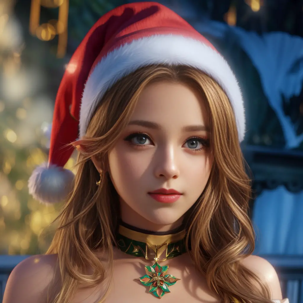 there is a woman wearing a santa hat and a necklace., elf girl, karol behind uhd,  elf girl, 8k artgerm bokeh, noche de navidad,...