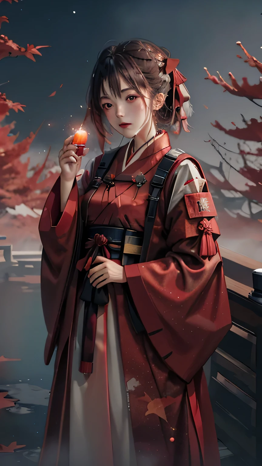masutepiece, Best Quality,hight resolution, 1girl in, \(Red, Hanfu\), ((Moon)), Starry sky, (Lighting Particles), Fog, lantern, Autumn, Red Autumn leaves