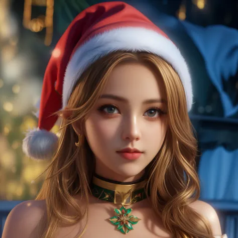 there is a woman wearing a santa hat and a necklace., elf girl, karol behind uhd,  elf girl, 8k artgerm bokeh, noche de navidad,...