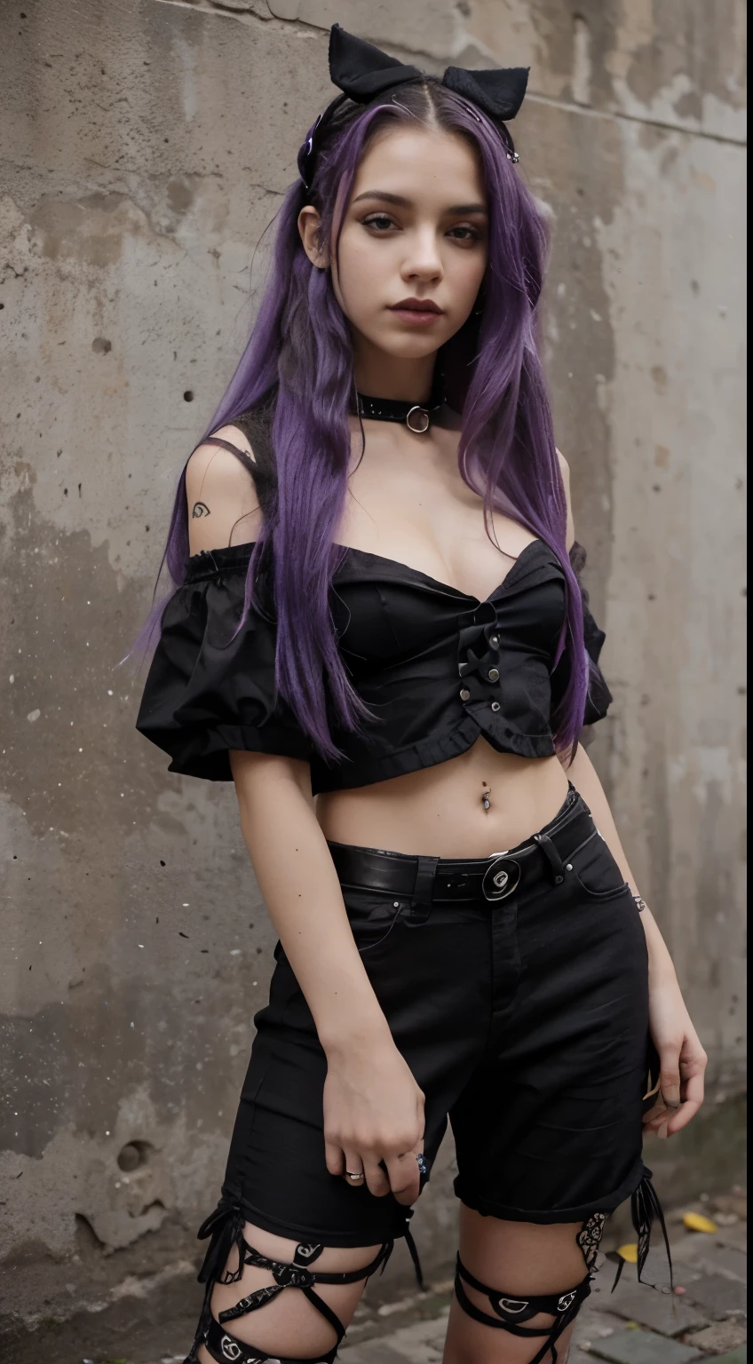 A close up of a woman with purple hair wearing a black outfit - SeaArt AI