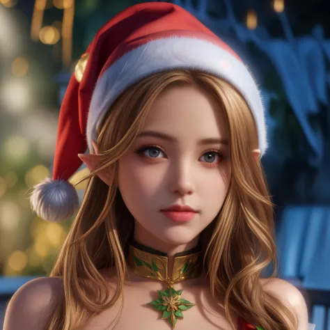 there is a woman wearing a santa hat and a necklace., elf girl, karol behind uhd,  elf girl, 8k artgerm bokeh, noche de navidad,...