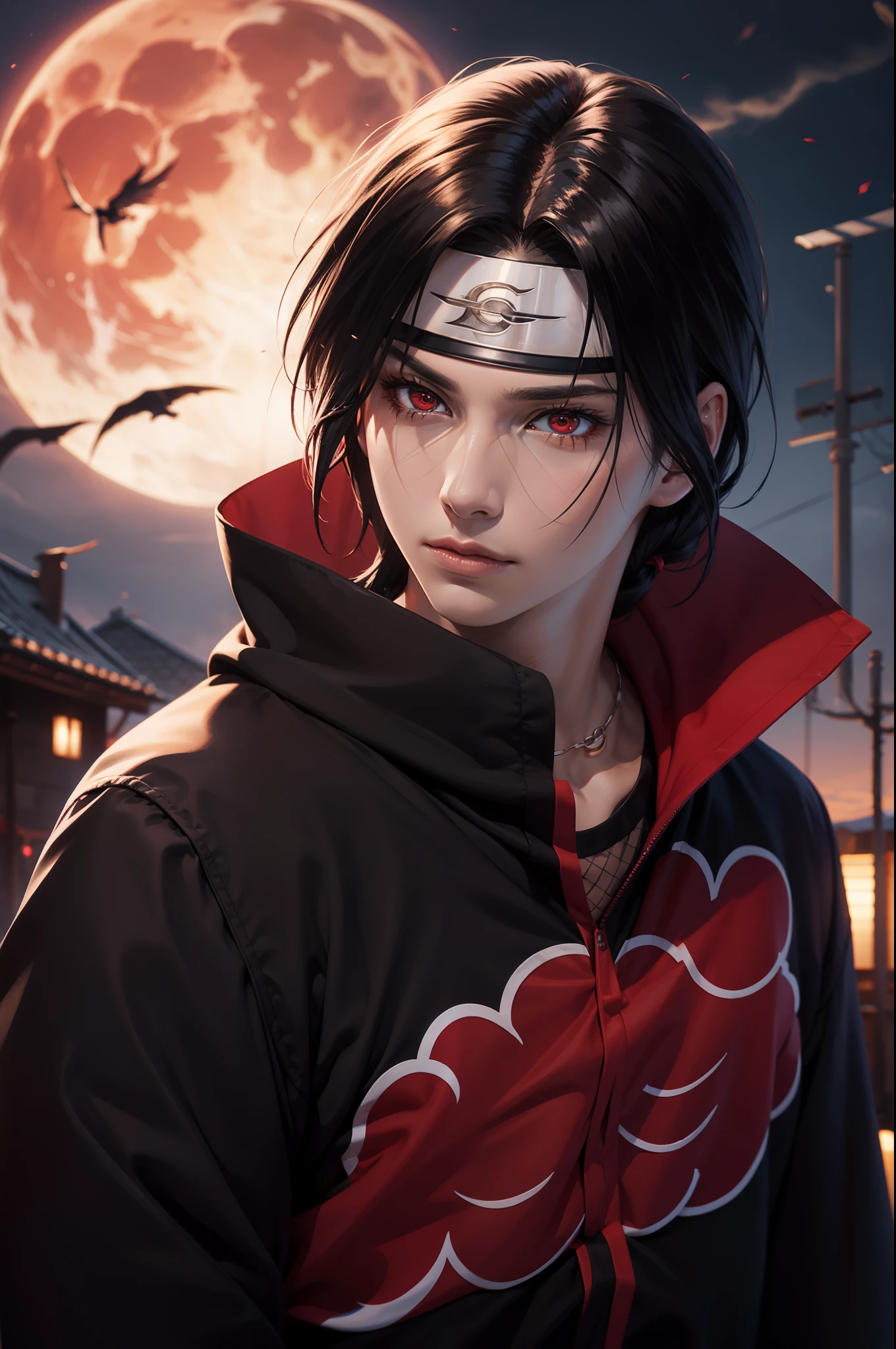 tmasterpiece, high detal, a young man covered in black cape with red cloud drawing or akatsuki robe 来自火影ninjartist, uchiha itachi, red eyes, The upper part of the body, ninjartist, Konoha headband, red moon in background, red theme, 来自火影ninjartist, long whitr hair, Covered in red flames