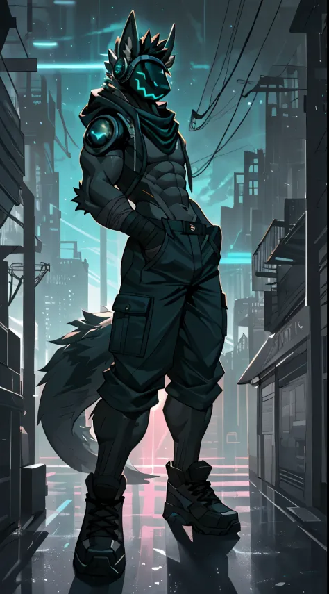 adult content, low-key light, cyberpunk, extremely_detailed, drawing of a singular adult male protogen furry, green_protogen_visor, black_body_fur, very long legs, long arms, very tall, muscular_body, 6 pack abs, long fluffy tail, black_gloves, black_scarf...