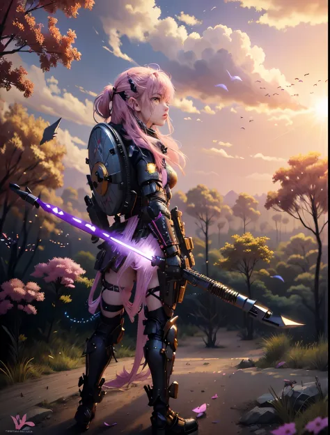 A pink haired Tuff Warrior Fairy Female, 2 extremely large violet elegant fairy wings, wearing a pink tutu and panties, and comb...