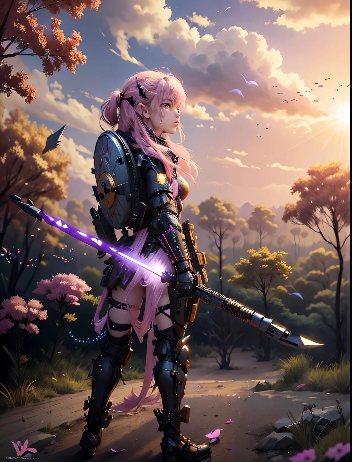 A pink haired Tuff Warrior Fairy Female, 2 extremely large violet elegant fairy wings, wearing a pink tutu and panties, and combat fatigues and tan pink black and gold colored marine miliary armor, forest village dystopian word at war, fairy fighting like mad with machine guns in hand to restore order 24k resolution, hyperdetailed photorealistic, sci-fi impressionist art style