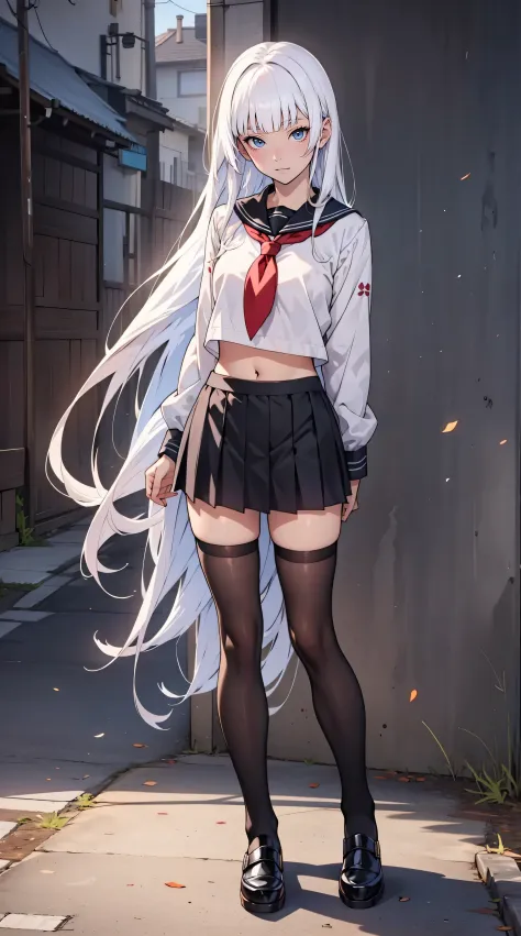 ((a sailor suit)),to stand,((Full body)),top-quality、​masterpiece、Hi-Res、(((女の子1人)))、masutepiece, quality of hike,(White background)、(a white girl) ,animesque,2D、((white  hair))、blue eyess,albino,Princess style,Straight hair,hime-cut,bluntbangs,Draped Hair...
