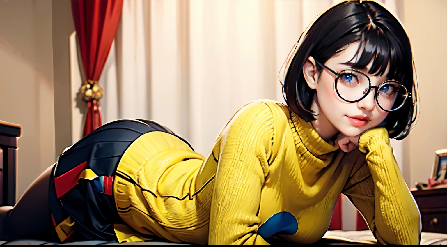 HD, 8k quality, masterpiece, Velma, dream girl, large breasts, beautiful face, blushing, kissing lips, short bob hairstyle, long bangs, perfect makeup, realistic face, detailed eyes, blue eyes, brunette hair, long eyelashes, smiling, spooky bedroom, lying down on bed, thicc body, leaning forward, eyes at viewer, mustard-yellow top, knitted turtle neck sweater, clear lens glasses, cherry-red skirt, schoolgirl skirt, booty up, knee high white socks, curves,