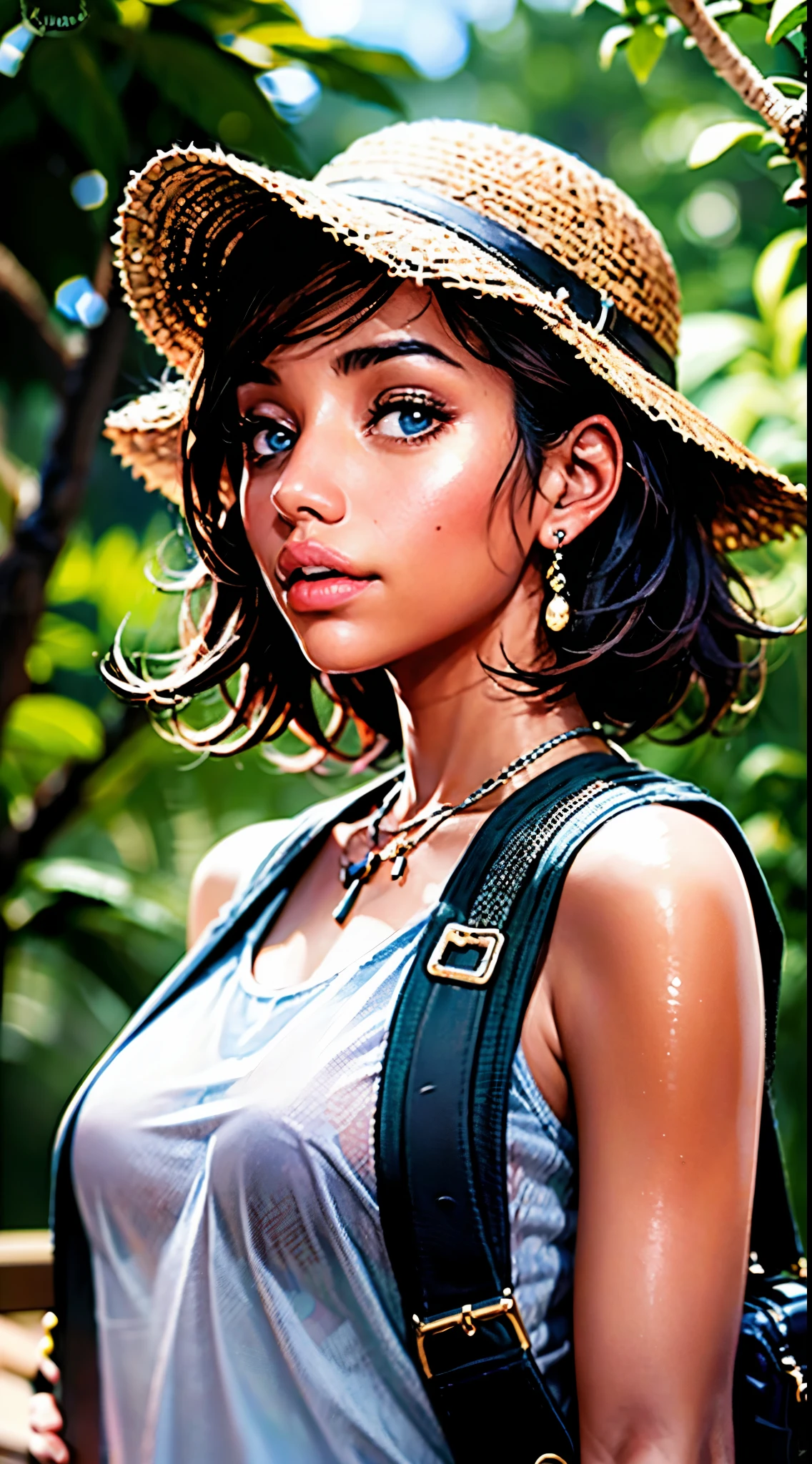 A woman (18 years old, cute, 80's hip hop influence); from the Dominican Republic is standing in a jungle. She has long, messy hair and wears a backpack. She's wearing Dora the Explorer clothing, but it's more adult-like and seductive. She looks like a combination of Zoe Saldana, Dania Ramirez, and Julissa Bermudez. The photo should look like a painting and be in HD, 8k, and cinematic.