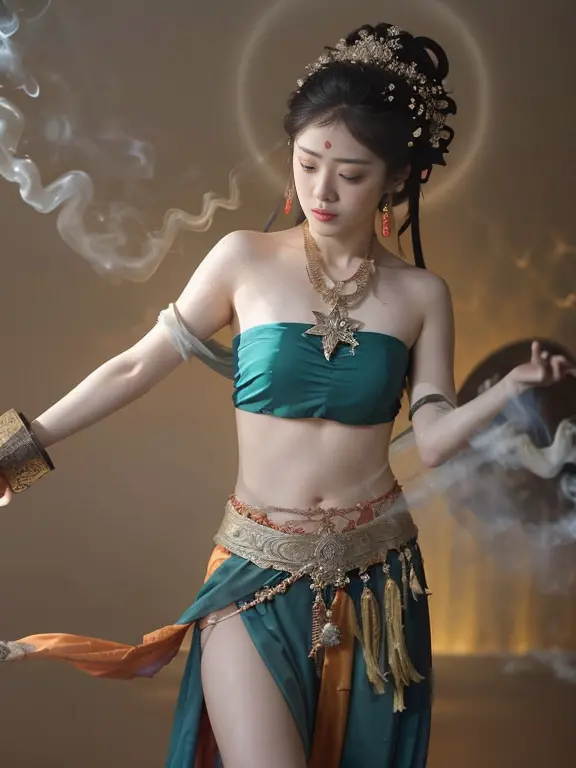 1girl, dunhuang flying apsaras costume, messy long hair, ji jian, dunhuang style, a lot of smoke, superb, elegant colors, (reali...