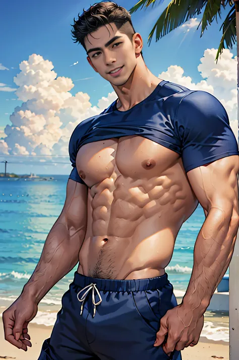 (masterpiece: 1.2),(CGI Art:1.3),(Realistic:1.5),(Post Processing:1.3), (crisp focus:1.3), 1 man in the swimming pool, smile, (Round neck shirt, tight, short sleeves, blue), Navy Cargo Pants, Young Korean , Korean Men, (High shadow detail), Pectoral muscle...