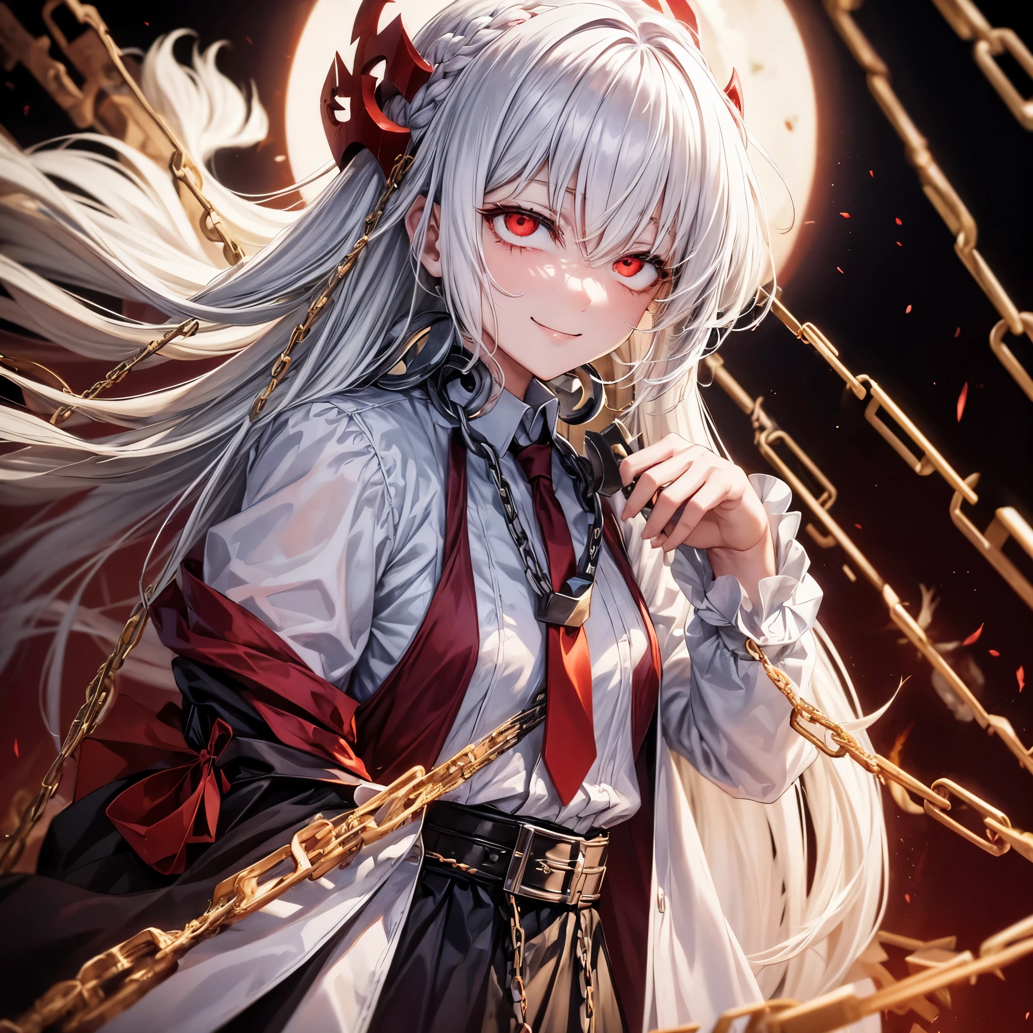 Anime girl with long white hair and red eyes holding a chain - SeaArt AI