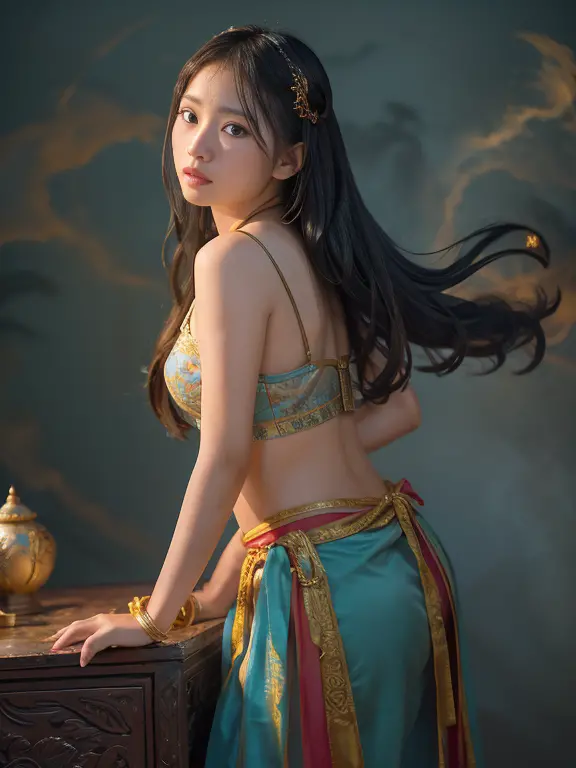 1girl, dunhuang flying apsaras costume, messy long hair, ji jian, dunhuang style, a lot of smoke, superb, elegant colors, (reali...