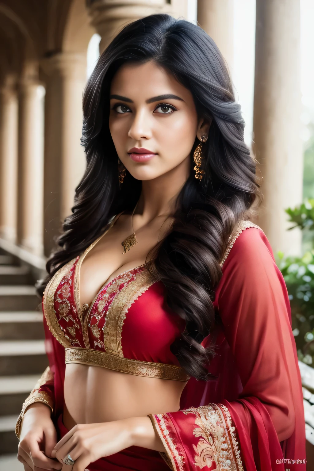 Portrait of A confident-looking Indian woman, 25 years, with long flowing hair, hazel eyes, with flowing capes, cute round  face, c-cup breast, sitting in the park, wearing silk saree, with perfect composition, hyperrealistic, super detailed, 8k, high quality, trending art, trending on artstation, sharp focus, studio photo, intricate details, highly detailed, art by greg rutkowski
