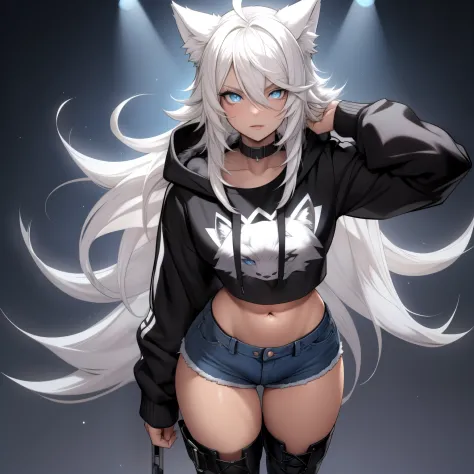 Single boy, Anime Femboy, Short, Long white hair, wolf ears, wolf tail, blue eyes, wearing short denim shorts, thigh high fishnets, black combat boots,wearing cropped fur lined hoodie, flat chest, super flat chest, wearing cropped t-shirt, solo femboy, onl...