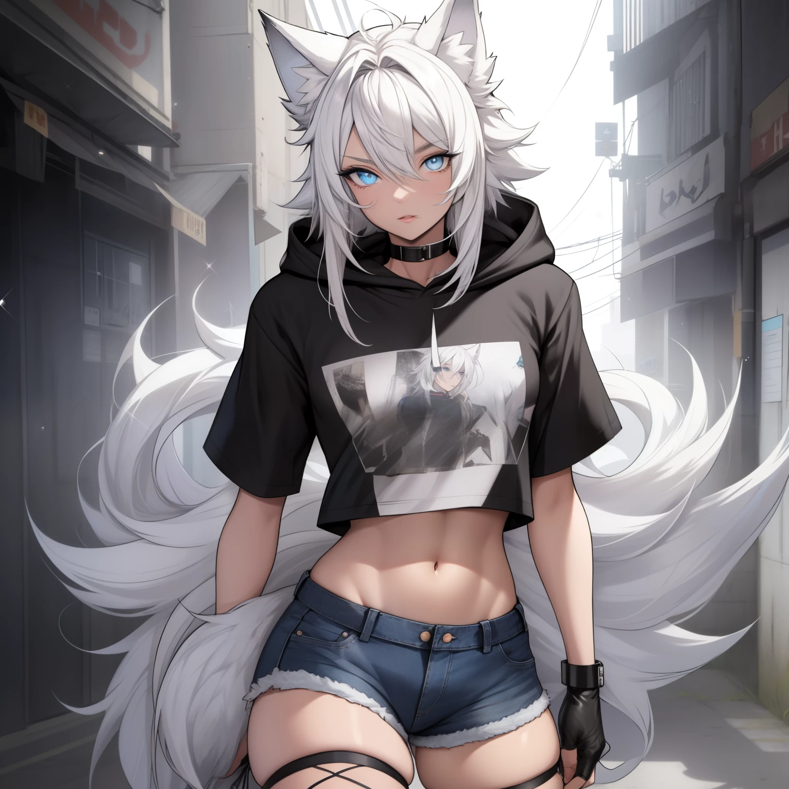 Single boy, Anime Femboy, Short, Long white hair, wolf ears, wolf tail, blue eyes, wearing short denim shorts, thigh high fishnets, black combat boots,wearing cropped fur lined hoodie, flat chest, super flat chest, wearing cropped t-shirt, solo femboy, only one femboy ((FLAT CHEST)) solo, alone, (SOLO)(ALONE) thicc thighs, wide hips, blue eyes, perfect eyes, perfect face, pouty lips, happy, curvy, sparkly blue eyes