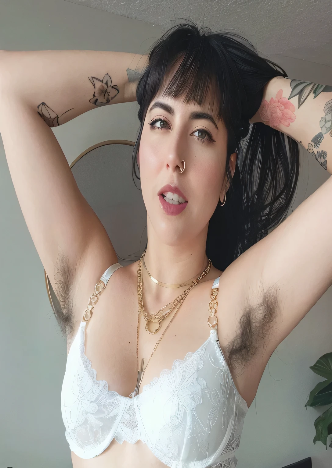 A close up of a woman with tattoos on her arms and chest - SeaArt AI