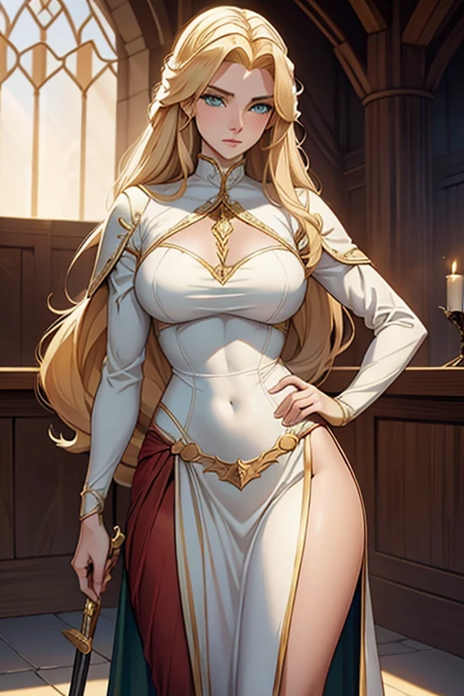 Um nobre cavaleiro, cabelo loiro longo, olhos verdes, Pele branca, vestindo armadura medieval, muito lindo e honrado, uma linda mulher