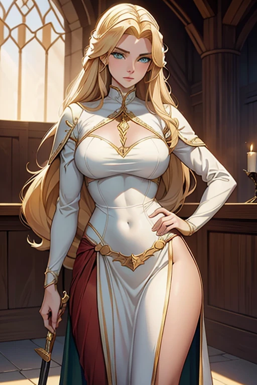 A noble knight, long blonde hair, green eyes, white skin, wearing medieval armor, very beautiful and honorable, a beautiful woman