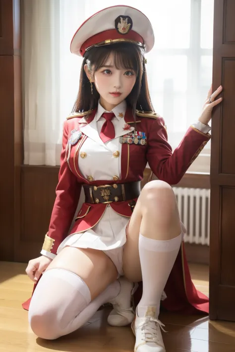 female idol of fairyland（white and red checkered military uniform）、、full body Esbian、knee socks and military cap、Marble castle