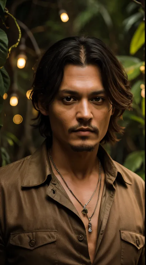 masterpiece, johnny depp walking through jungle at night among fireflies, (high detail:1 1), rough face, natural skin, high quality, nsfw, beautiful eyes, (detailed face and eyes), (face: 1 2), noise, extra, real photo, PSD, lamp film photography, sharp fo...