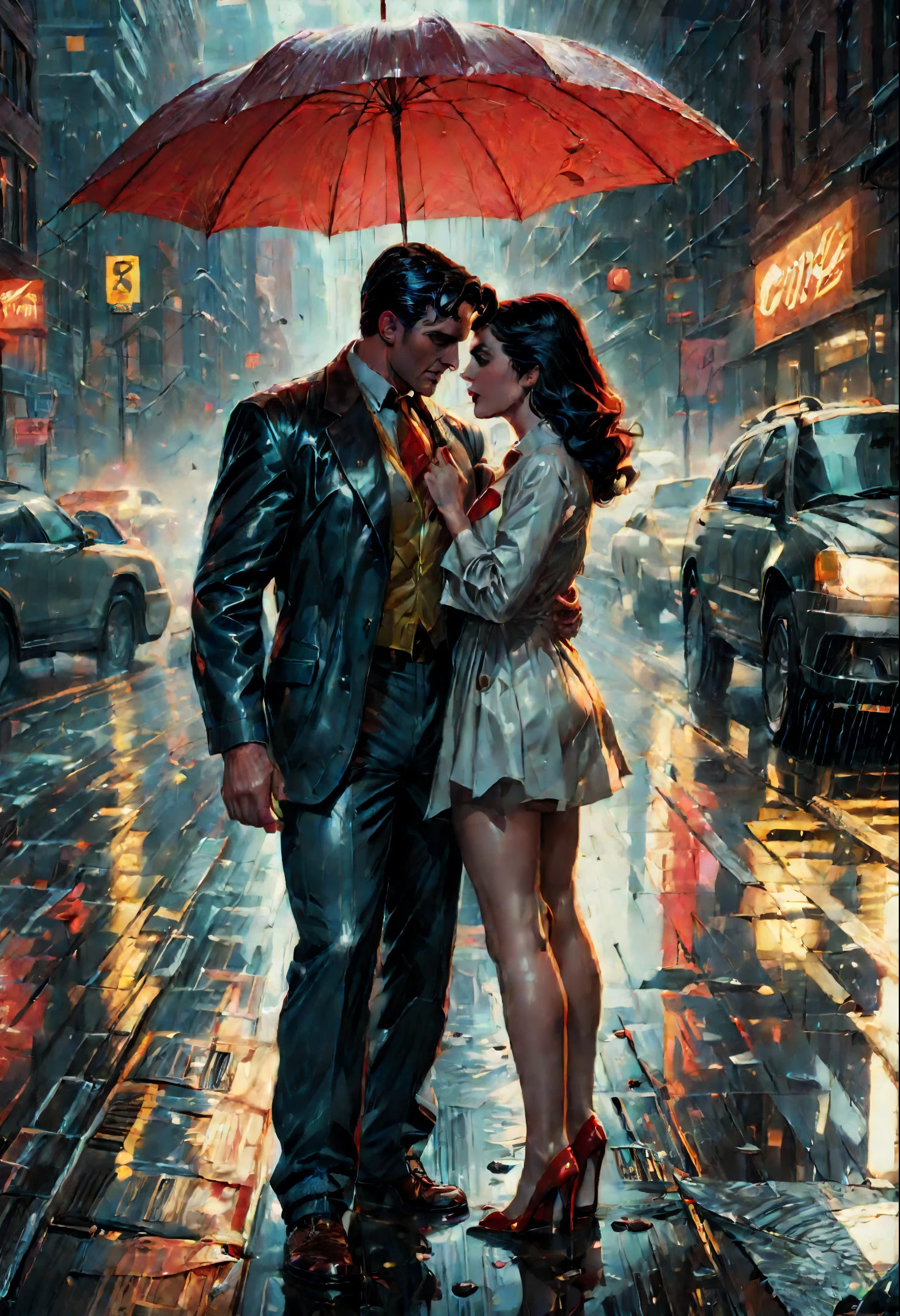 superman and lois in the rain, textless, by James Gurney, by Alex Ross, alex ross style, by John J Park, james gurney painting style, by Austin Briggs, drew struzan style art, chris moore. artgerm, concept art of love, style of alex ross, by Donato Giancola, by stanley artgerm