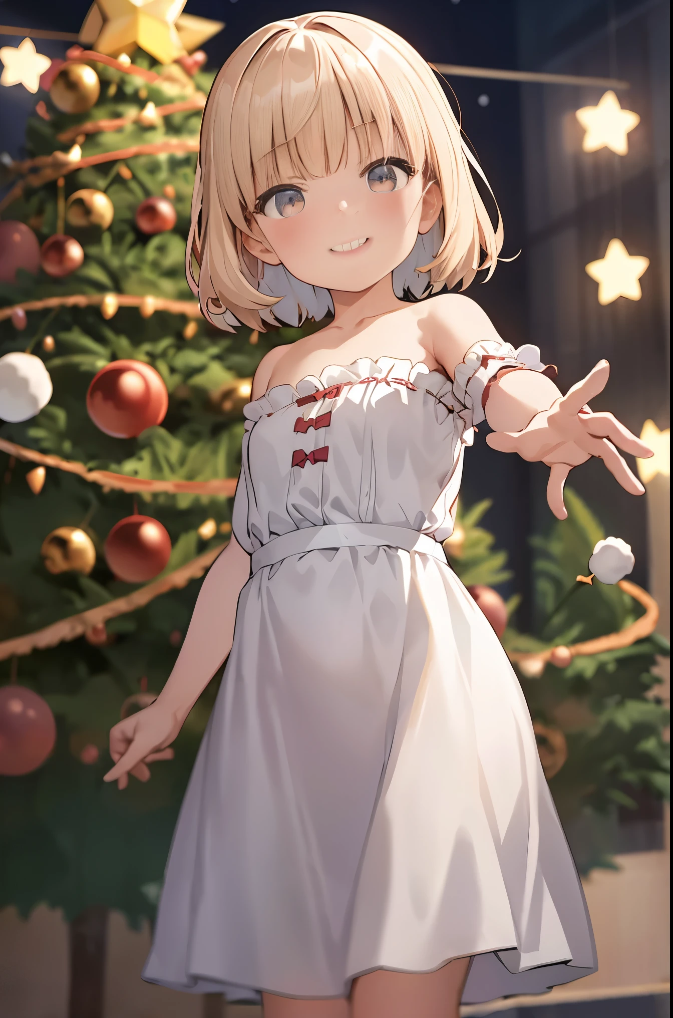 Anime girl in a short dress standing in front of a christmas tree - SeaArt  AI