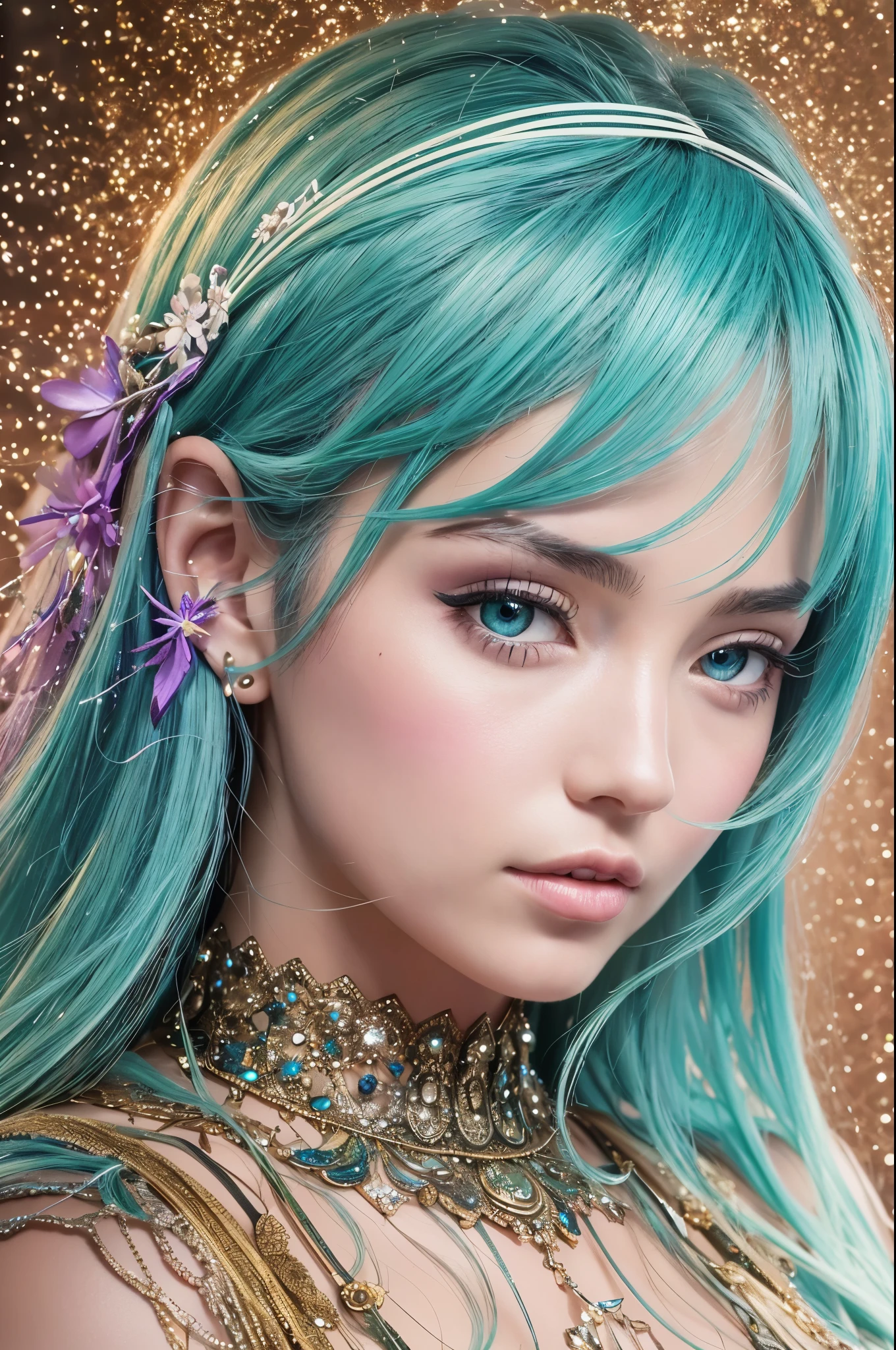 (best quality,4k,8k,highres,masterpiece:1.2),ultra-detailed,(realistic,photorealistic,photo-realistic:1.37),detailed eyes and face,longeyelashes,a girl with rainbow-colored hair and a detailed teal dress adorned with armor,an elaborate pose,a background of rainbow-colored nebulae and galaxies,twinkling stars, intricate details,a perfect face