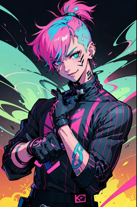 kpop boy with rizz smile face, sweet but bad ass, fade cut haircut, black gloves,neon cyan pink hair, tattoos on hands and neck,...