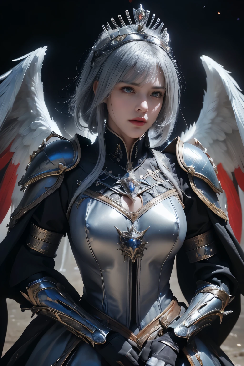 tmasterpiece，Best quality，A high resolution，8K，((Portrait))，(Head close-up)，Original photo，real photo，digital photography，(Medieval fantasy style female fighting angel)，(The Angel of Fantasy)，20岁女孩，((Short grey hair))，((The eyes are red，The eye of the devil)， jewelry，Keep your mouth shut，Beautiful Elegant，((Frown, get angry))，haughty，Noble and charming，(A fantasy combat suit，Cool Battle Armor，The magnificent armor of a knight，Metallic luster，A delicate badge of magic)，(The Devil's Body)，Crown，Angel halo，(Power angel)，Photo pose，medieval characterantasy style，the night，starryskybackground，oc render reflection texture