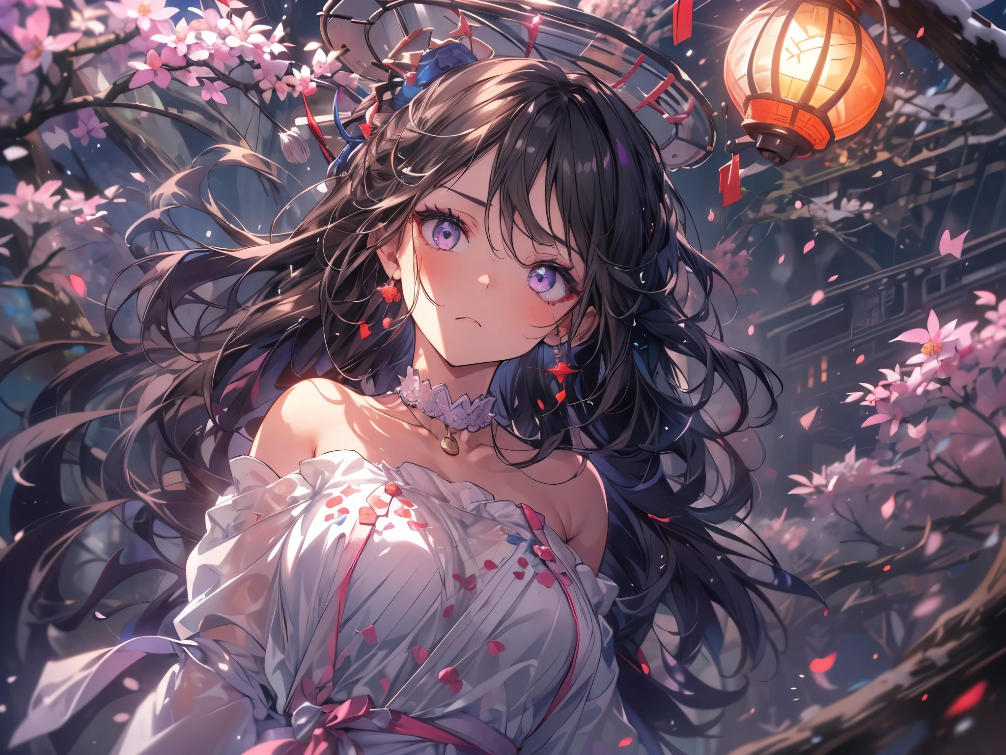 (overhead view), mature anime woman illustration, 1girl, (masterpiece, best quality, ultra-detailed), sharp focus, detailed face, face focus, extremely detailed eyes, long hair with hair between eyes, curly hair, brown hair with light purple eyes, (purple eyeshadow and glowing eyes:1.3), long eyelashes, (frown), delicate makeup, big breasts ((bare shoulders, white chiffon dress, choker, black pleated skirt with red accents)), ((walking, blizzard, lantern festival, peace blossom backdrop, snow, breeze)), upper body, cinematic lighting, rim lightning, ray tracing, shadowing, dynamic angle