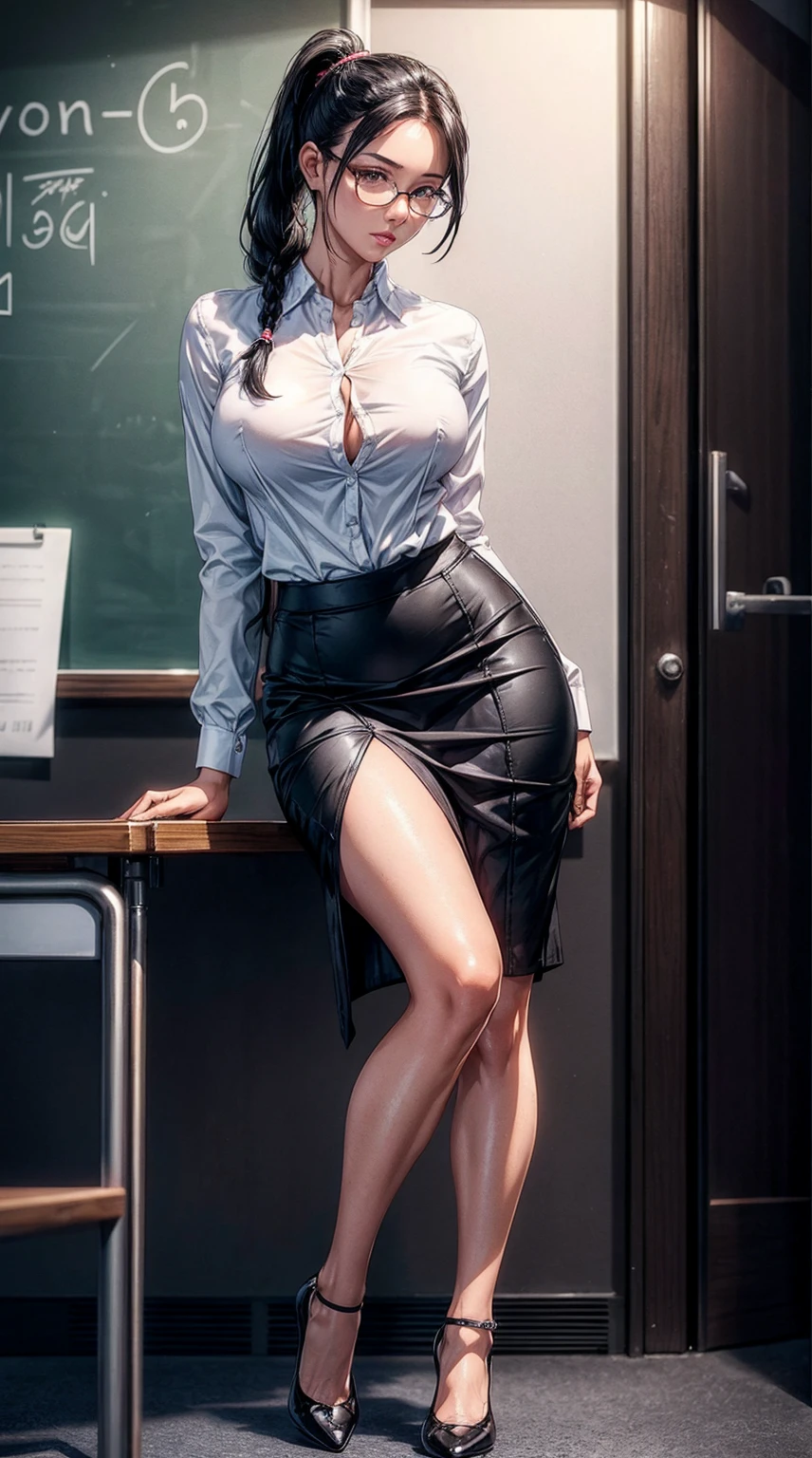 35 year old women, teacher, wearing white shirt and black skirt, glasses, black hair, high pony tail, stoking, high heels formal shoes, clevage, standing in classroom, full image, front view, natural light, detailed clothes, detailed hair, detailed skin, 8k, UHD,