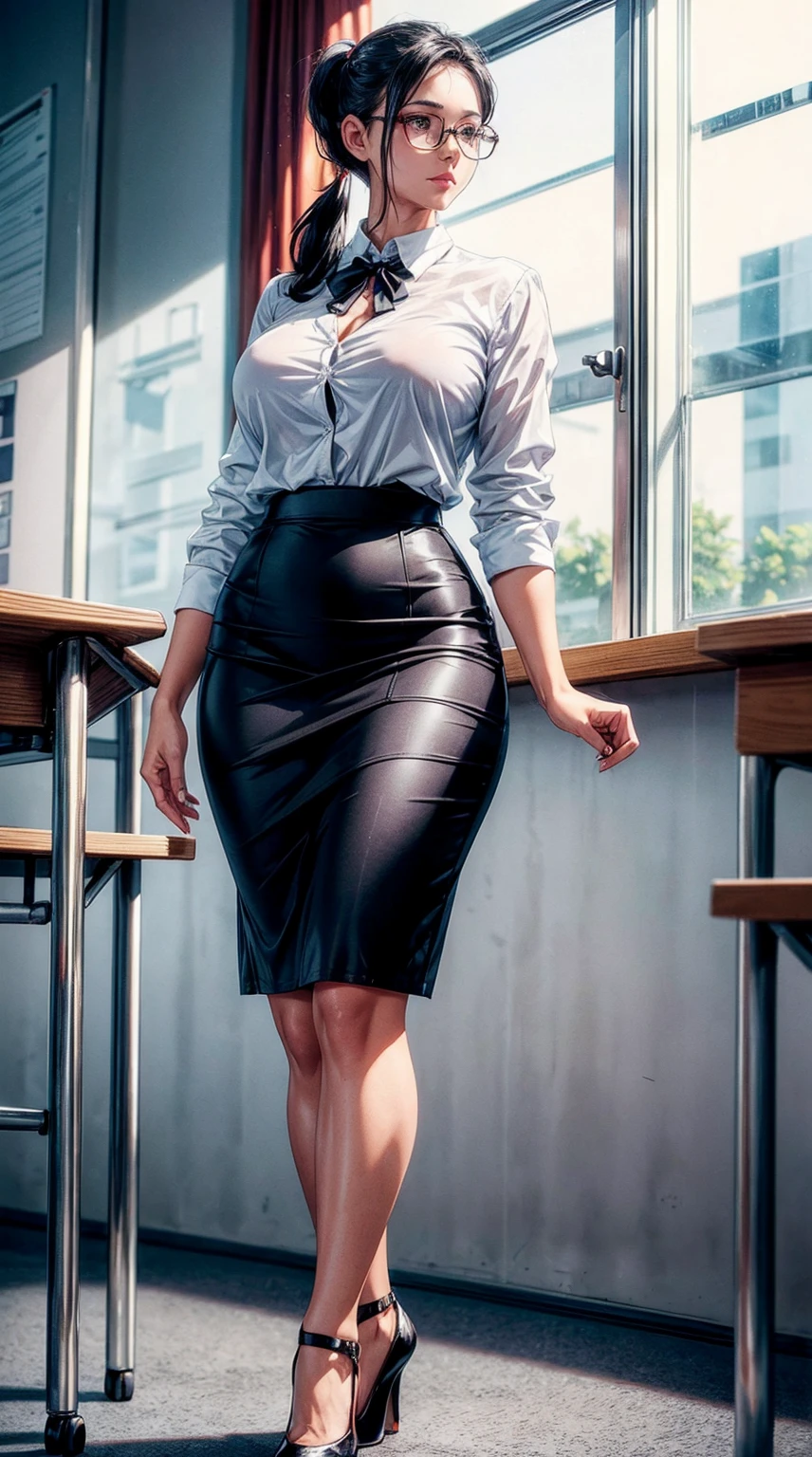 35 year old women, teacher, wearing white shirt and black skirt, glasses, black hair, high pony tail, stoking, high heels formal shoes, clevage, standing in classroom, full image, front view, natural light, detailed clothes, detailed hair, detailed skin, 8k, UHD,