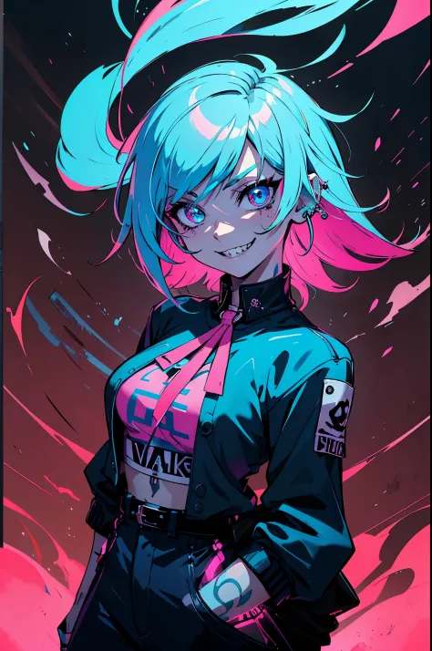 kpop girl, psycho minacing laugh, arms on back stays hidden, blue neon cyan colored hair, lust, bad ass, black, shows open smile...