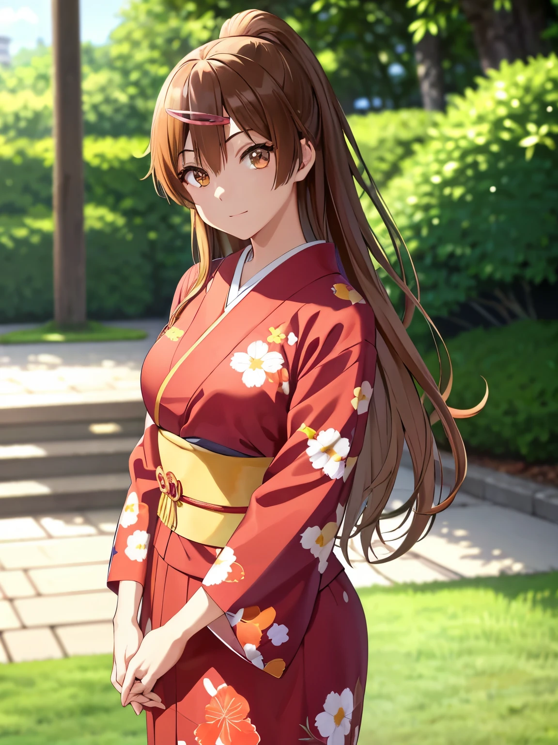 masutepiece, (Best Quality), Brown hair, Long hair, Brown eyes,medium breasts,Hair Ornament ,front-facing view,Taisho period in Japan、White color kimono、outside of hakama、Watching the viewer、a park,1girl in、Beautiful flowers々満開のa park、arms on both sides、White Hakama、Kimono、standing on the grass、absolute reference to center、Smile, hair between eye, picture quality, (masutepiece:1.2), Best Quality, High resolution, Unity 8k壁纸, (Illustration:0.8), (Beautiful detailed eyes:1.6), extra detailed face, Perfect Lighting, extremely details CG, (Perfect hands, Perfect Anatomy:1.5),