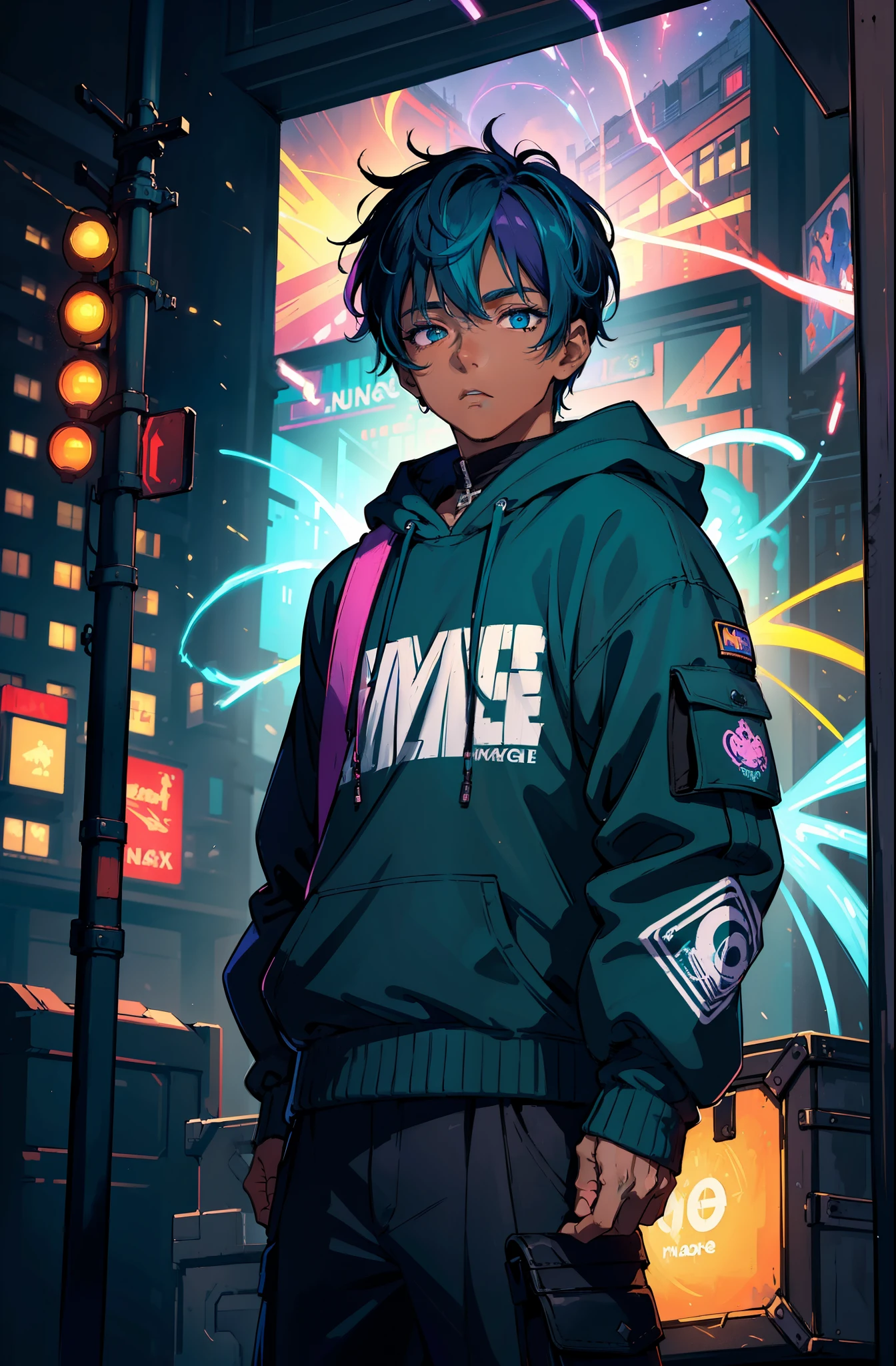 (masterpiece:1.4), 1boy,  mage, Streetwear,cargo pants, street, (masterpiece, best quality, highres, ultra detailed ), night, depth of field, absurdres, (masterpiece:1.4), ultra-detailed, 1boy, dark-skinned, stand up, black and teal, short purple wildly hair with teal streaks, surrounded by neon and colored sparks