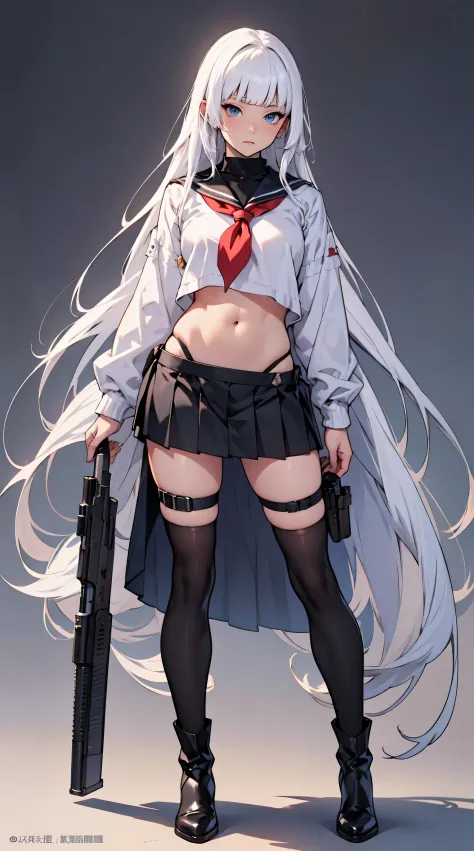 ((Long sleeve sailor suit)),to stand,((Full body)),top-quality、​masterpiece、Hi-Res、(((女の子1人)))、masutepiece, quality of hike,(White background)、(beautiful a girl) ,animesque,2D、((white  hair))、blue eyess,albino,Princess style,Straight hair,hime-cut,bluntban...