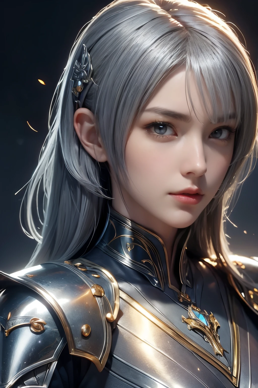 tmasterpiece，Best quality，A high resolution，8K，((Portrait))，(Head close-up)，Original photo，real photo，digital photography，(Female adventurers in medieval fantasy)，(A medieval female fighter of fantasy style)，20岁女孩，((Short grey hair))，((The eyes are red，The eye of the devil)， jewelry，Keep your mouth shut，Beautiful Elegant，((Frown, get angry))，haughty，Noble and charming，(A fantasy combat suit，Cool Battle Armor，The magnificent armor of a knight，Metallic luster，A delicate badge of magic)，(The Devil's Body)，Crown，(Battle Girl)，Photo pose，medieval characterantasy style，the night，Ancient city background，oc render reflection texture