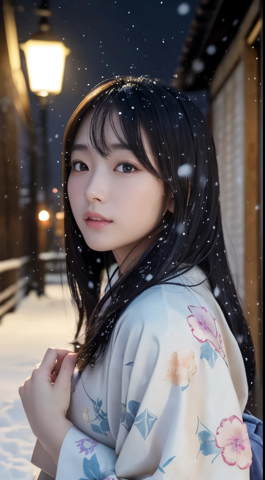 (Kimono)、(without makeup)、(top-quality,​masterpiece:1.3,超A high resolution,),(ultra-detailliert,Caustics),(Photorealsitic:1.4,RAW shooting,)Ultra-realistic capture,A highly detailed,high-definition16Kfor human skin、 Skin texture is natural、、The skin looks healthy with an even tone、 Use natural light and color,One Woman,japanes,,kawaii,A dark-haired,Middle hair,(depth of fields、chromatic abberation、、Wide range of lighting、Natural Shading、)、、(Exterior light at night:1.4)、(Falling snow:1.2)、(Hair swaying in the wind:1)、(Snow reflects light:1.3)