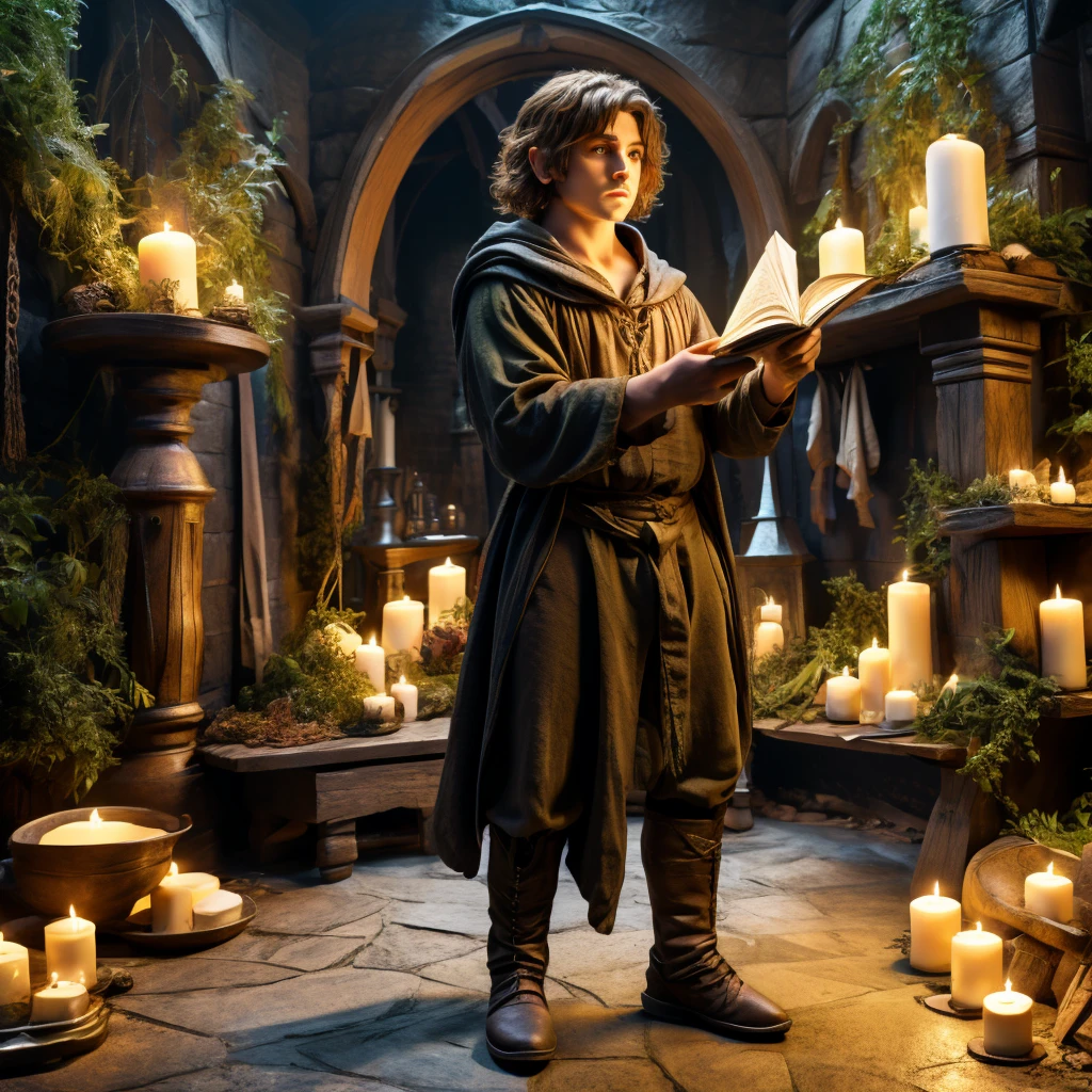 Um hobbit masculino baixo, com "cabelo castanho claro curto", "roupa escura de comerciante medieval ", "olhos verdes", vestindo um , pose de corpo inteiro, lançando um feitiço,