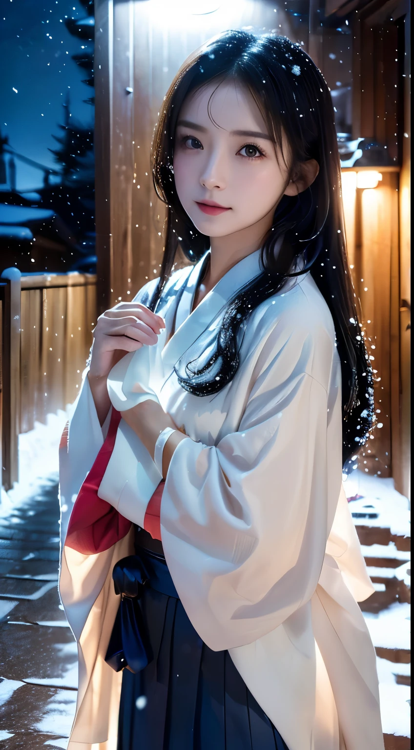 (Kimono)、(without makeup)、(top-quality,​masterpiece:1.3,超A high resolution,),(ultra-detailliert,Caustics),(Photorealsitic:1.4,RAW shooting,)Ultra-realistic capture,A highly detailed,high-definition16Kfor human skin、 Skin texture is natural、、The skin looks healthy with an even tone、 Use natural light and color,One Woman,japanes,,kawaii,A dark-haired,Middle hair,(depth of fields、chromatic abberation、、Wide range of lighting、Natural Shading、)、、(Exterior light at night:1.4)、(Falling snow:1.2)、(Hair swaying in the wind:1)、(Snow reflects light:1.3)