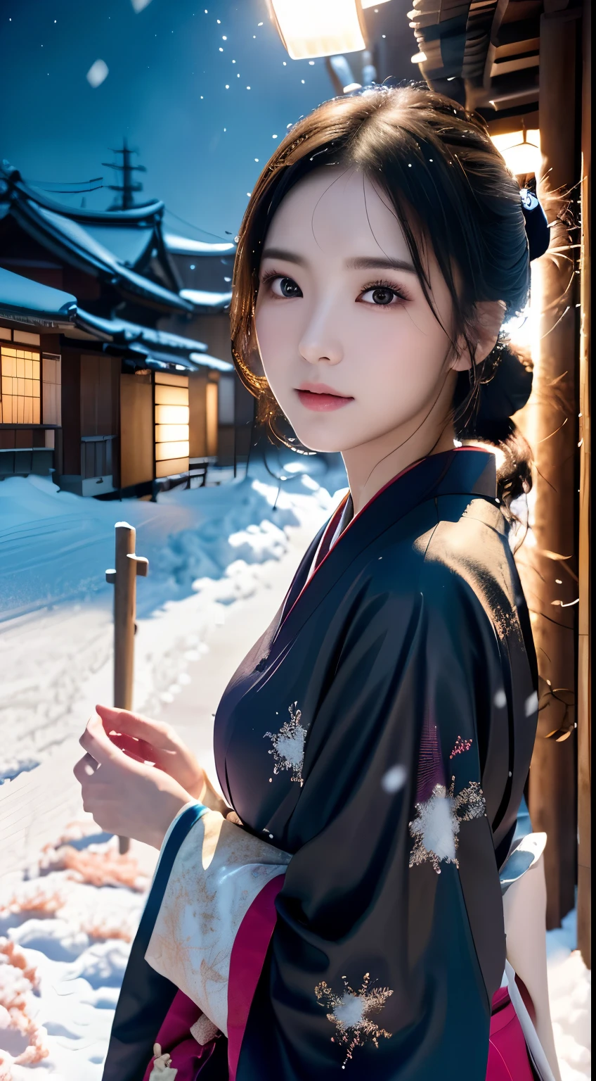 (Kimono)、(without makeup)、(top-quality,​masterpiece:1.3,超A high resolution,),(ultra-detailliert,Caustics),(Photorealsitic:1.4,RAW shooting,)Ultra-realistic capture,A highly detailed,high-definition16Kfor human skin、 Skin texture is natural、、The skin looks healthy with an even tone、 Use natural light and color,One Woman,japanes,,kawaii,A dark-haired,Middle hair,(depth of fields、chromatic abberation、、Wide range of lighting、Natural Shading、)、、(Exterior light at night:1.4)、(Falling snow:1.2)、(Hair swaying in the wind:1)、(Snow reflects light:1.3)