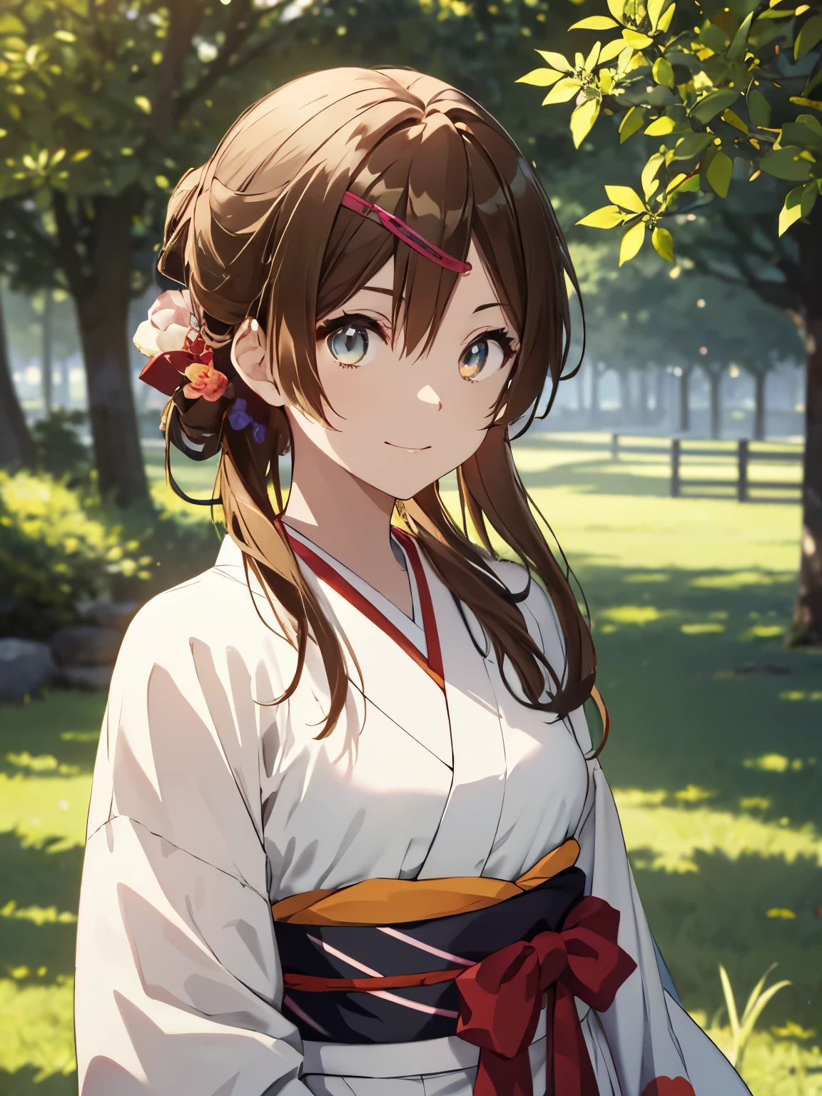 masutepiece, Brown eyes, Brown hair,  shinka_nibutani,Taisho period in Japan、White color kimono、outside of hakama、a park、(beautiful tan eyes:1.2)、absolute reference to center、Beautiful flowers々満開のa park、arms on both sides、White Hakama、Kimono、standing on the grass、Smile, hair between eye,, picture quality, (masutepiece:1.2), Best Quality, High resolution, Unity 8k壁纸, (Illustration:0.8), (Beautiful detailed eyes:1.6), extra detailed face, Perfect Lighting, extremely details CG, (Perfect hands, Perfect Anatomy:1.5),(Best Quality)、poneyTail