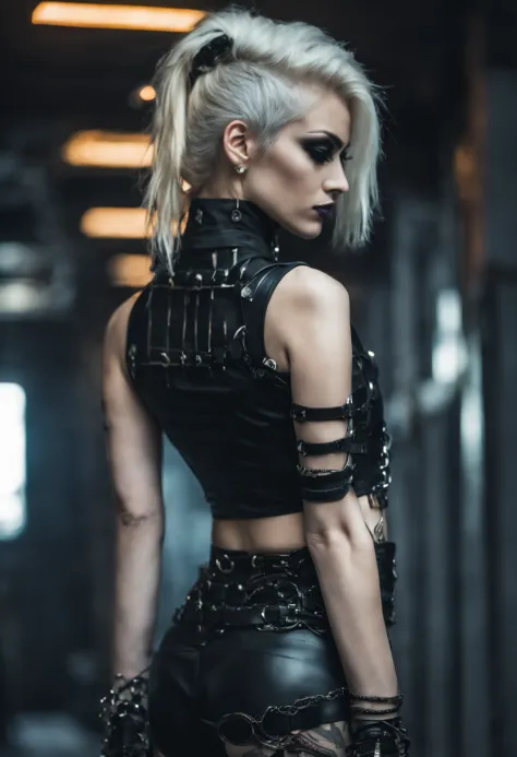 back shot, close-up photo of a woman in black open femdom clothes, full body shot, edgy and bold hairstyle, blond hair, crop top...