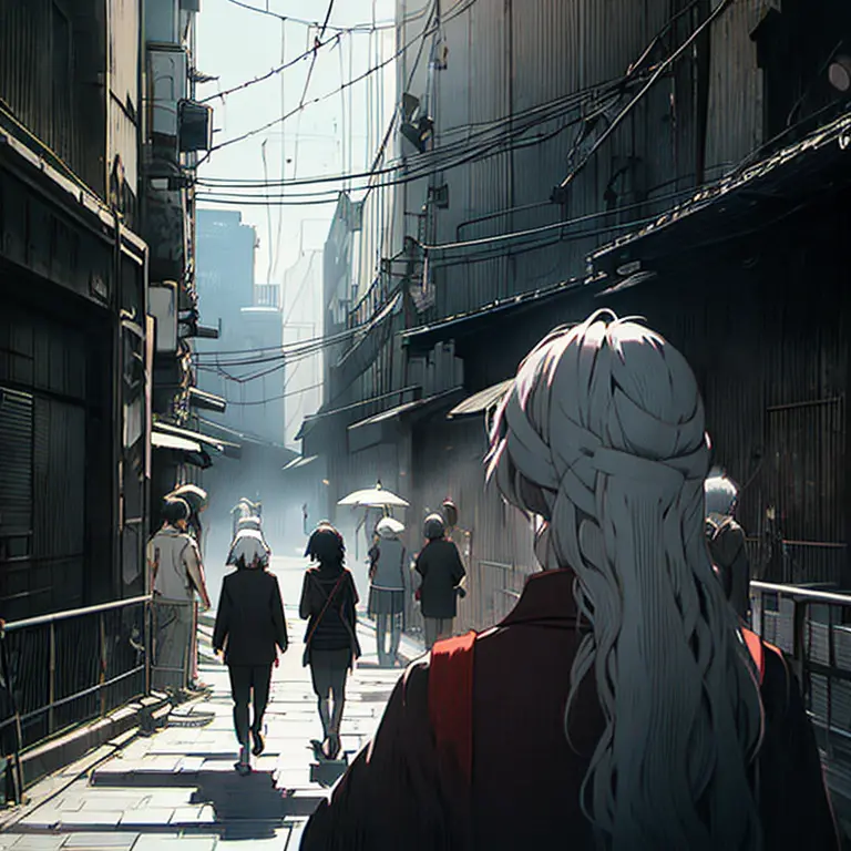 black and gray hair　twinsies　ember　shoun　digital fantasy art　anime style　parka　brick street　back wall　street　mileland　faces