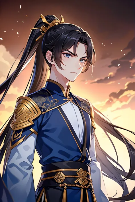 best quality，tmasterpiece，16k,a boy holding a sword，fighting posture，blue clothes，hanfu，long hair and high ponytail，natta，rays o...