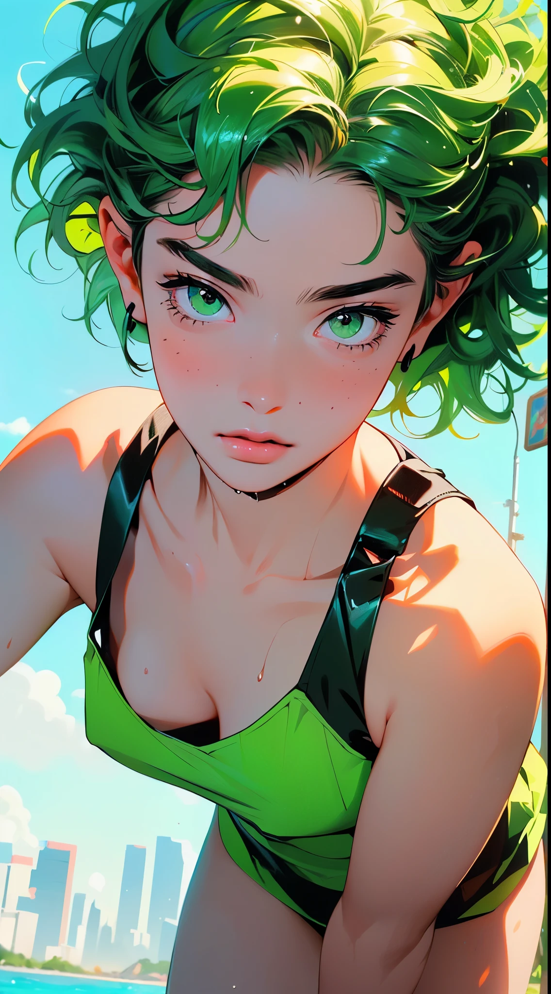 girl youtuber,(((1girl))),((extremely cute and beautiful green curly-haired girl)),

(short breasts:1.4),big butt,(((green curly hair:1.35,very curly hair,colored inner hair,ear breathing,short hair))),(((green_eyes:1.3))),intricate eyes,beautiful detailed eyes,symmetrical eyes,big eyes:1.3,((fat)),(((lustrous skin:1.5,bright skin: 1.5,skin tanned,shiny skin,very shiny skin,shiny body,plastic glitter skin,exaggerated shiny skin,illuminated skin,wet legs))),detailed body,(detailed face),

cute,slutty,seductive,erotic,(((nsfw))),

zettai ryouiki,revealing clothing,show skin,((rave mini-skirt,visible thong straps,white loose tank top with an anime art print)),((wet clothes,intricate outfit,intricate clothes)),

(dynamic pose:1.0),embarrassed,(centered,scale to fit dimensions,Rule of thirds),

cyberpunk city by the ocean at night, with bright neon signs and dark stormy clouds and puddles, scenery:1.25,

artistic photography,(photography taken by sldr),highres, sharp focus, (ultra detailed, extremely detailed), (photorealistic artwork:1.37),(extremely detailed CG unity 8k wallpaper),((synthwave background theme)),(((vibrant colors))),(intricate background),(masterpiece),(best quality),